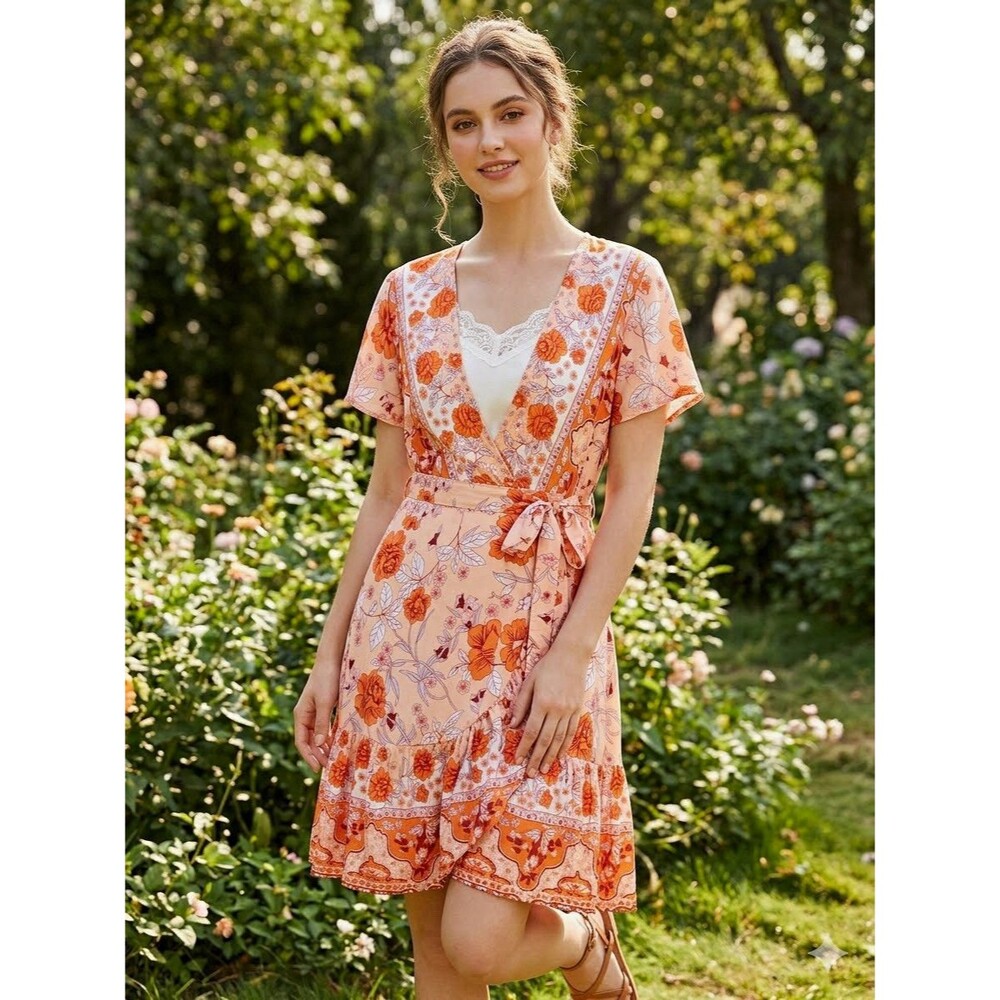 ZESICA Women’s Boho Floral True Wrap Around Dress V-Neck Tie Waist Ruffle Hem